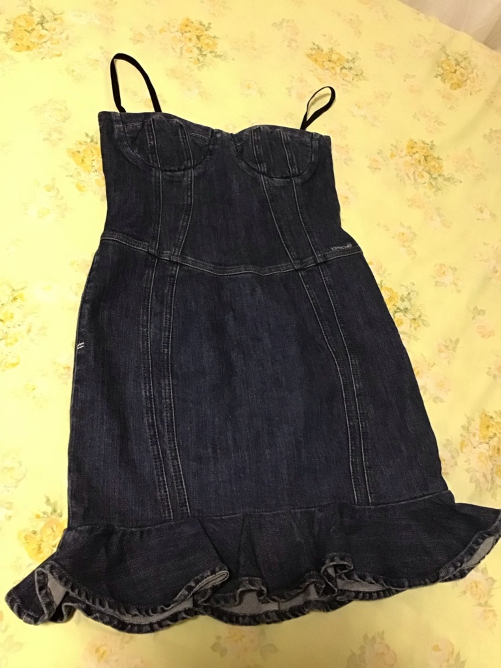 bebe Dark Blue Denim Strapless Dress with Ruffle Hem